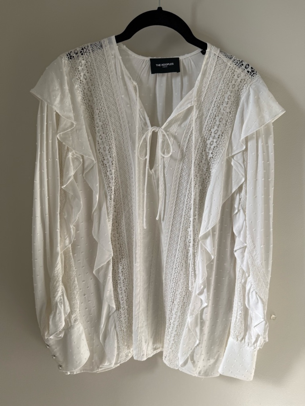 The Kooples White Ruffle Lace Tie-Front Blouse